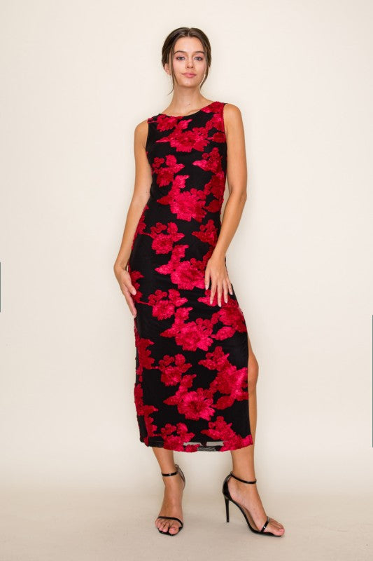 Liona 3D Floral Mesh w/Side Slit Midi Dress