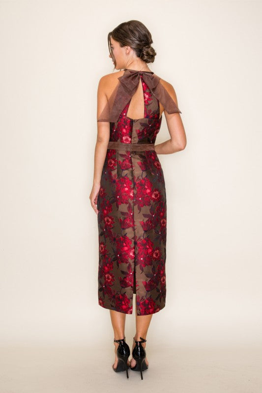Lianna Jacquard Back Bow Detail Midi Dress