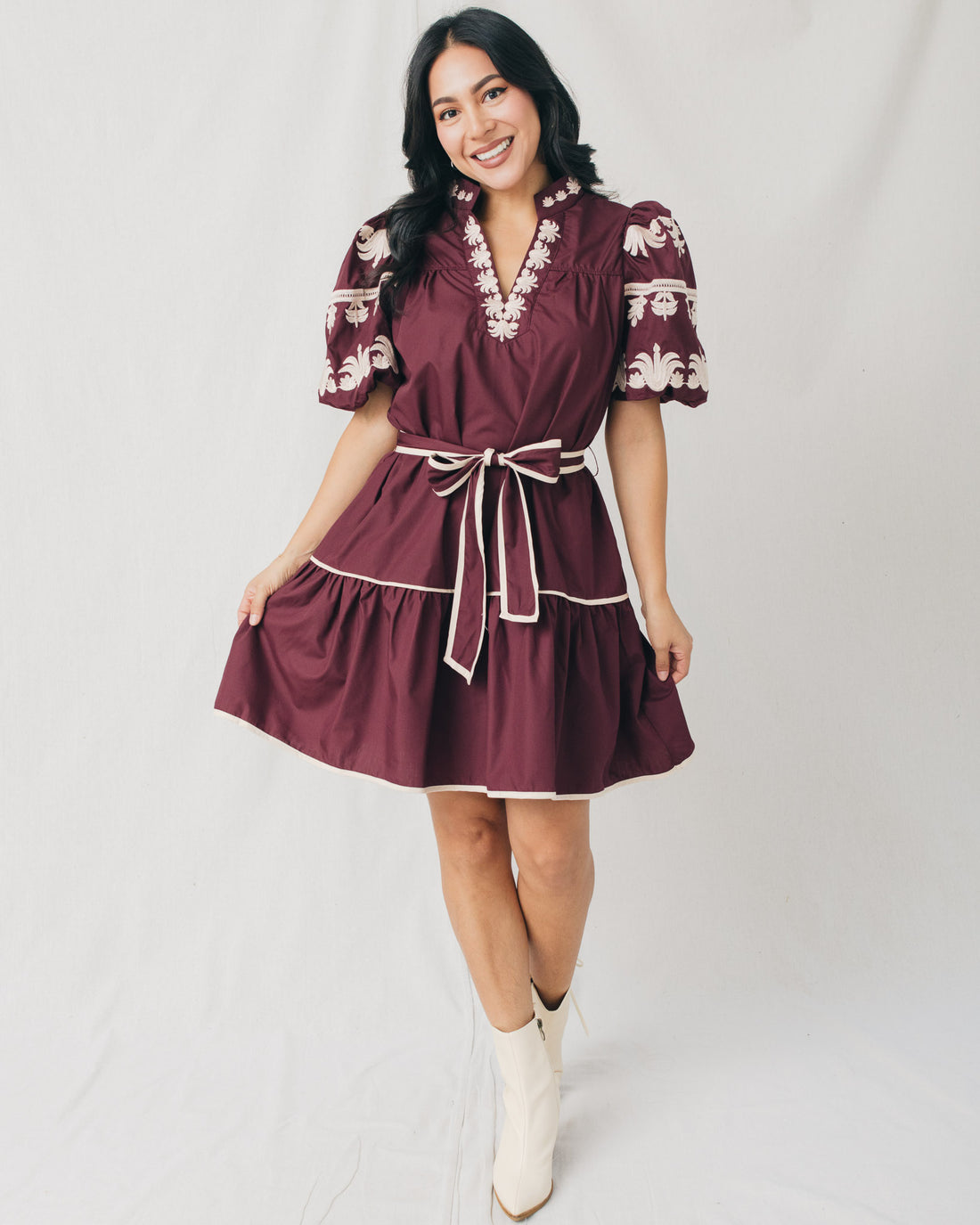 Azaleia Embroidered Bubble Sleeves Belted Mini Dress