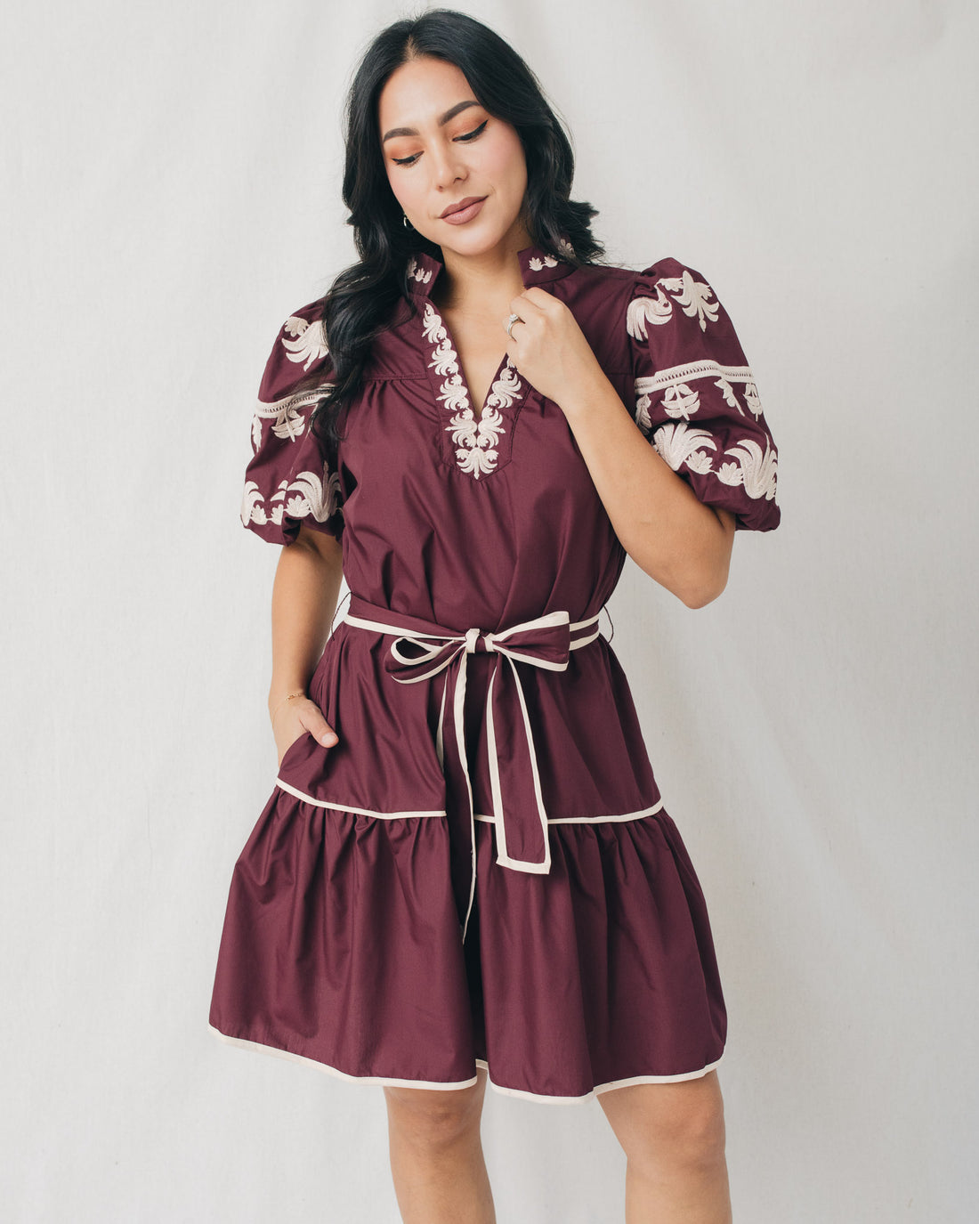 Azaleia Embroidered Bubble Sleeves Belted Mini Dress
