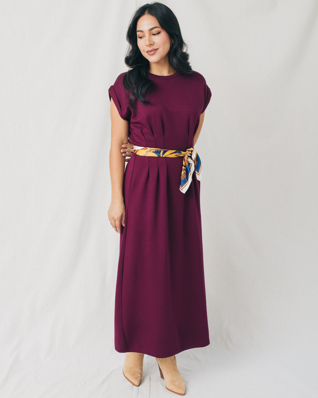 Francis Cap Sleeve Pleated Waist Solid Midi Dress