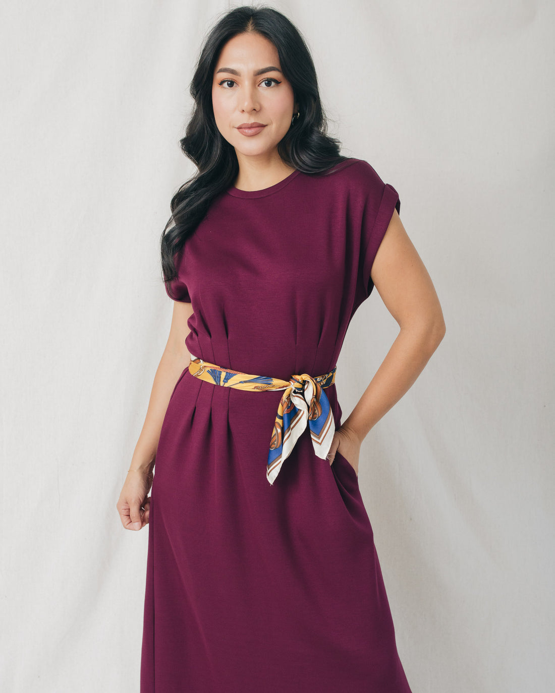 Francis Cap Sleeve Pleated Waist Solid Midi Dress