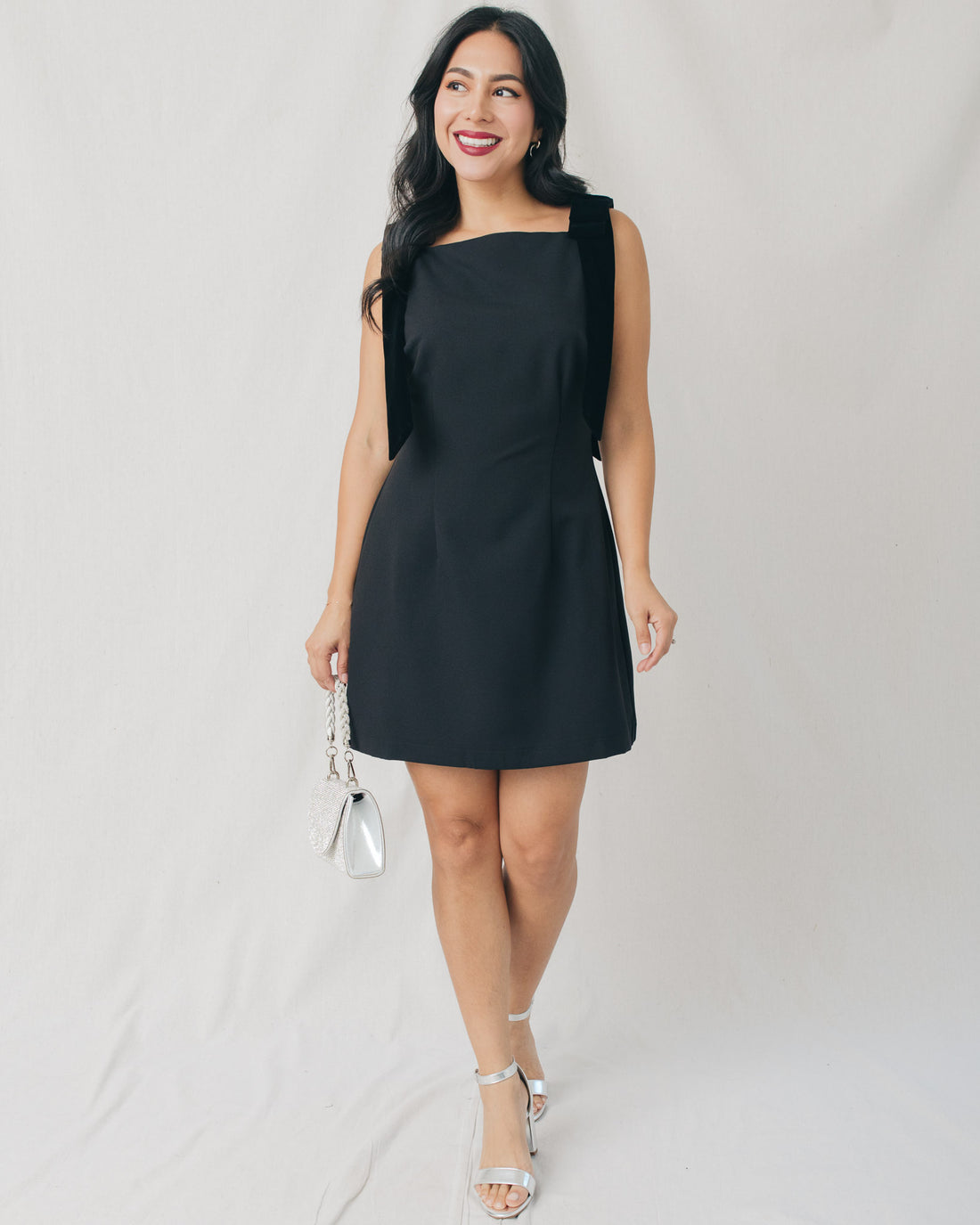 Sage Velveteen Bow Shoulder Mini Dress