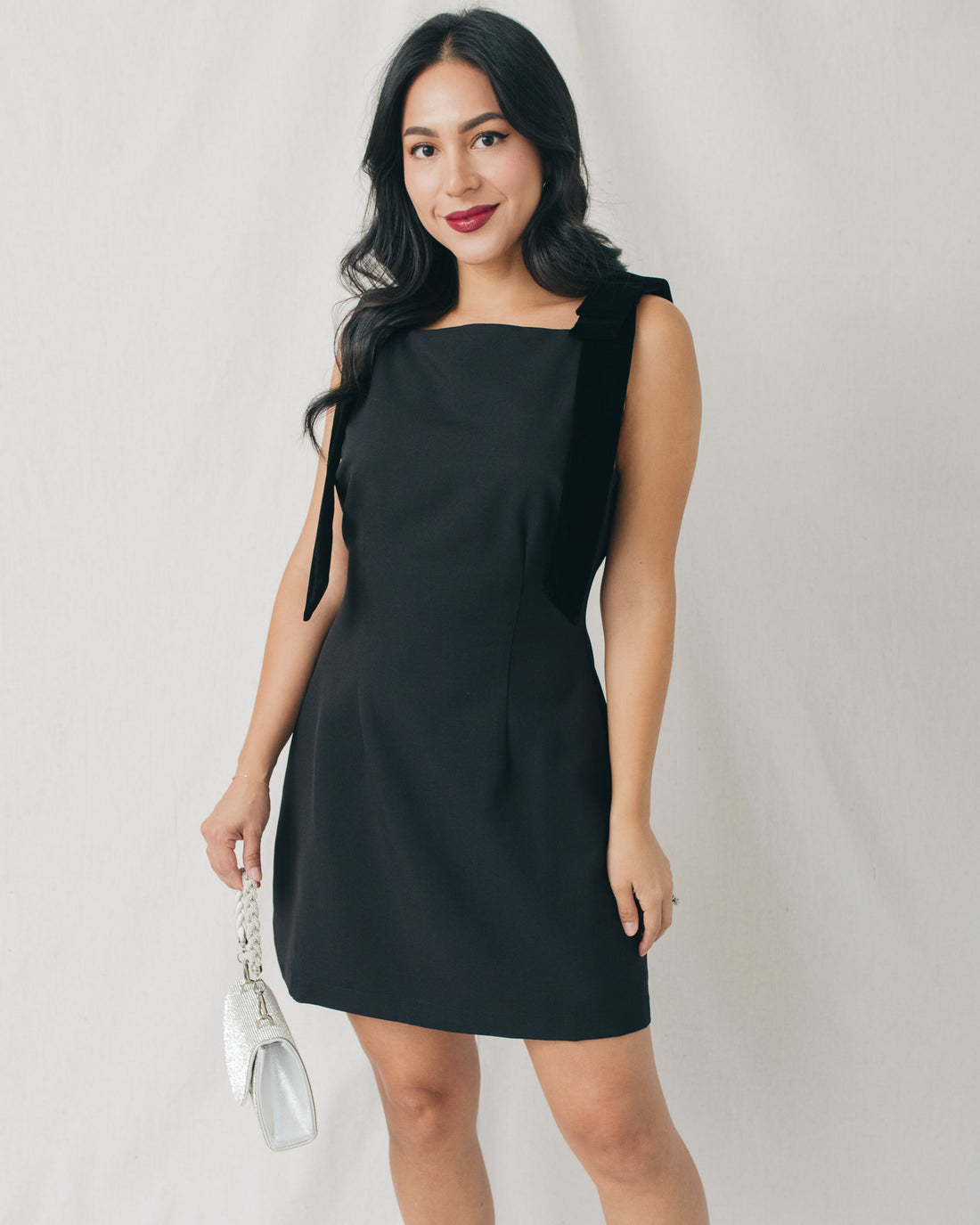 Sage Velveteen Bow Shoulder Mini Dress