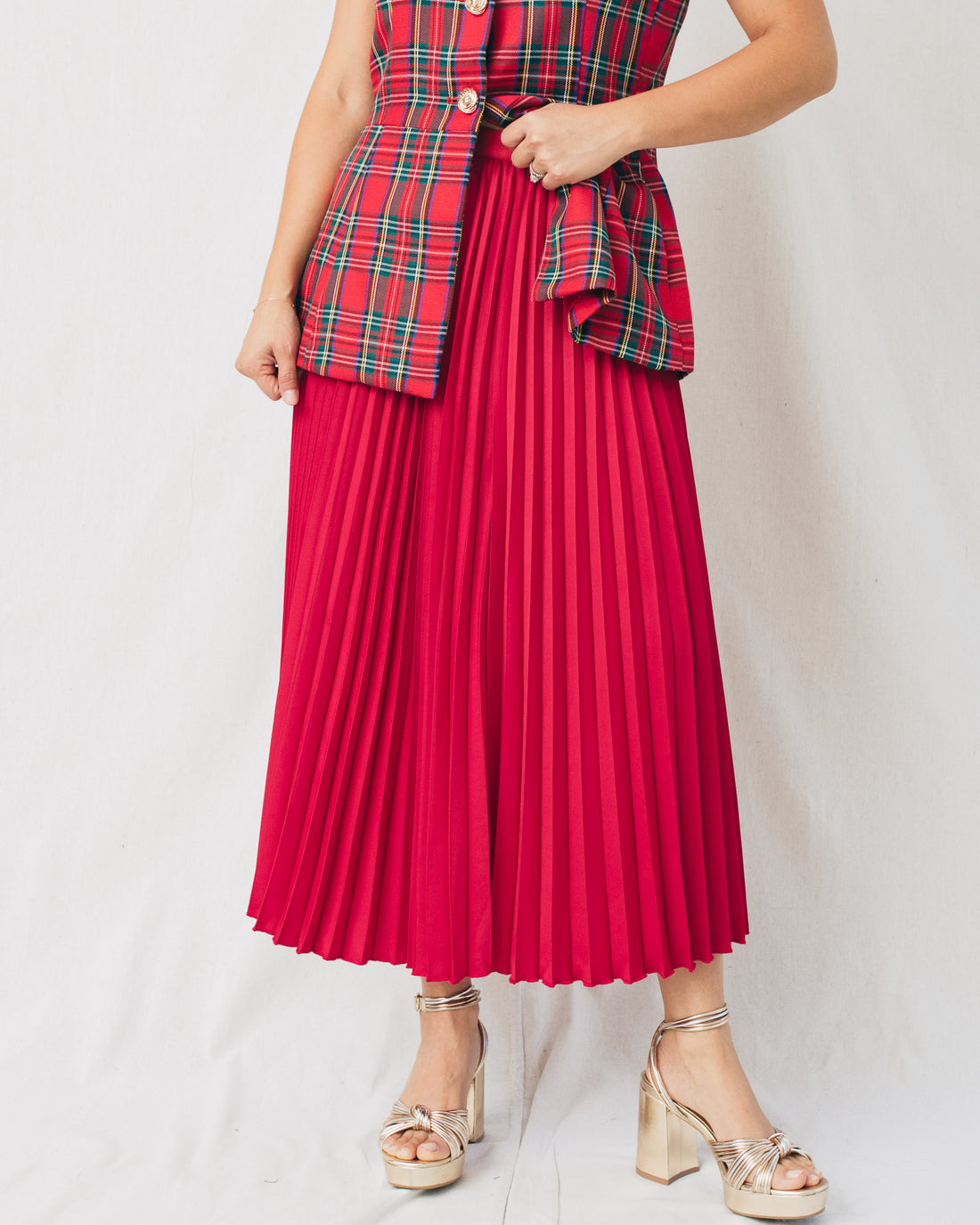 Hana Elastic Waist Glossy Pleated Midi Skirt