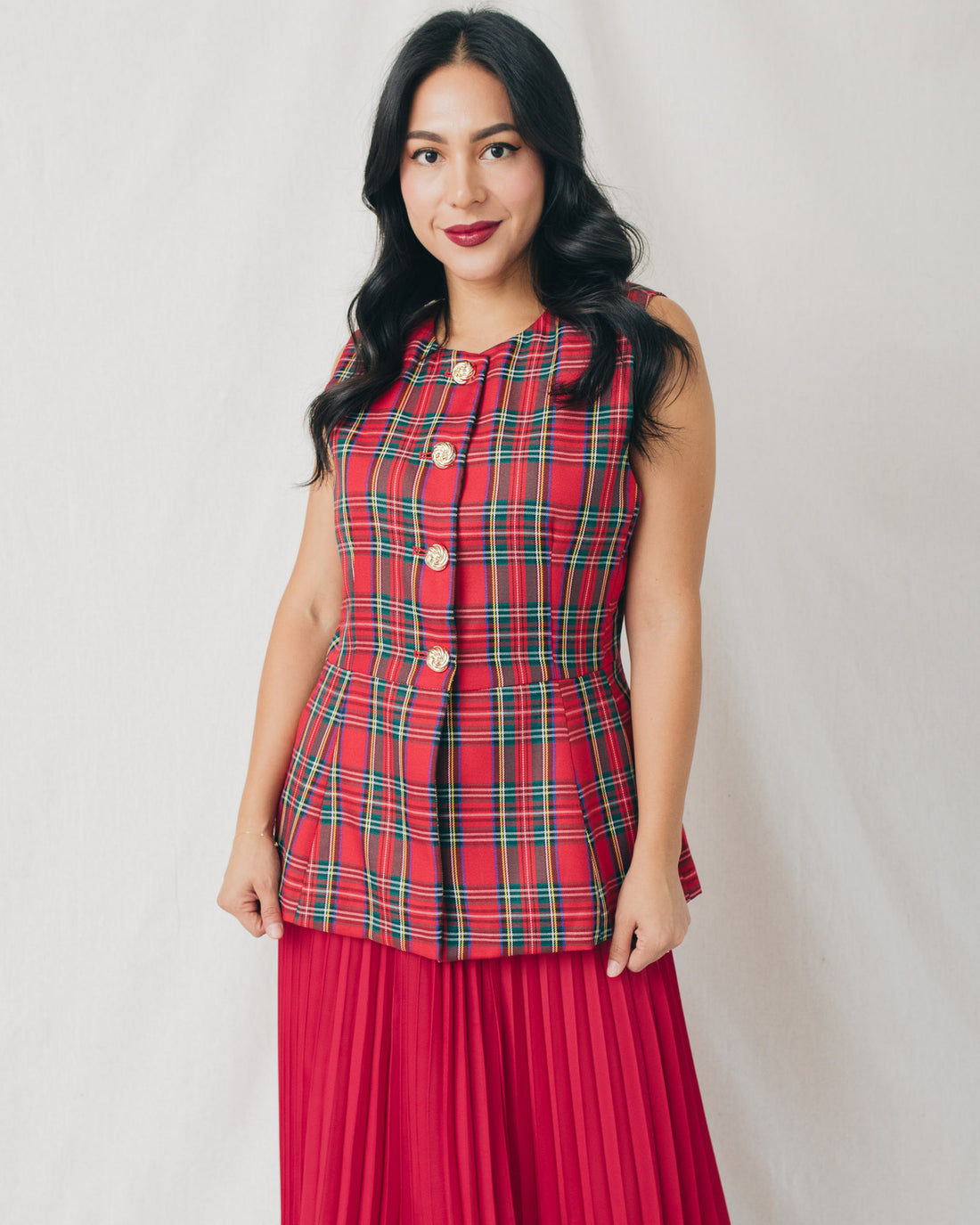 Jolie Gold Buttons Plaid Fitted Vest Top