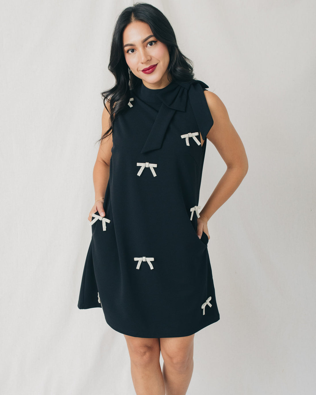 Pamelda All Over Rhinestone Bow Mini Dress