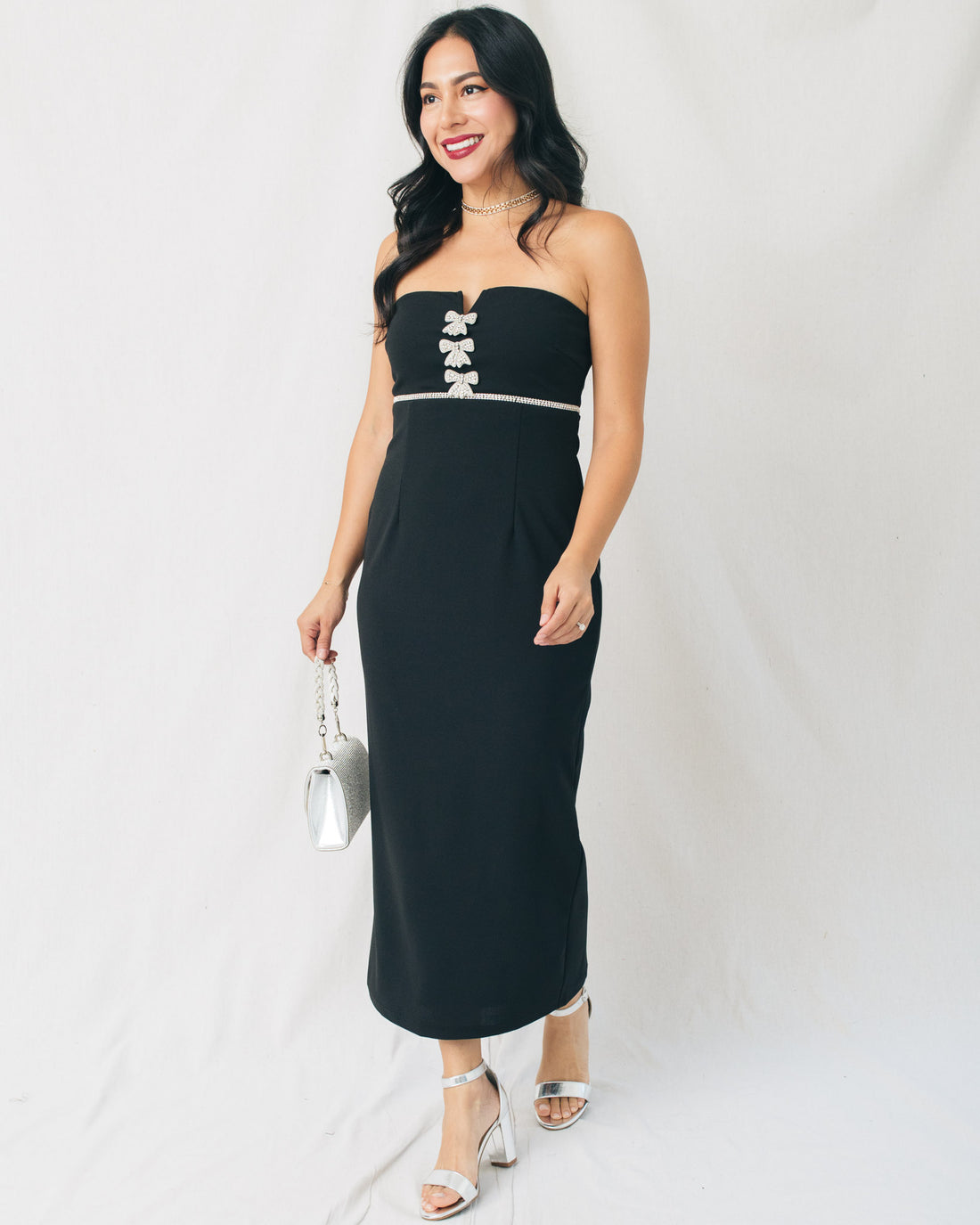 Janice Strapless Rhinestone Bow Midi Dress