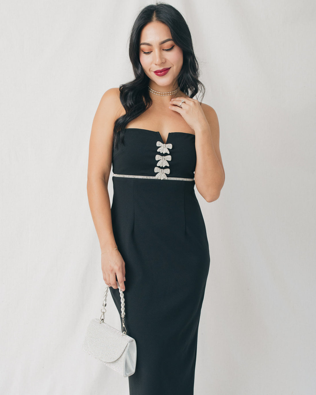 Janice Strapless Rhinestone Bow Midi Dress