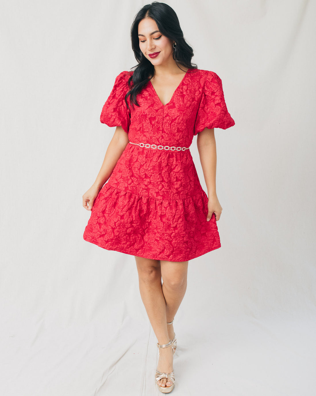 Russa May Floral Jacquard Tiered Mini Dress