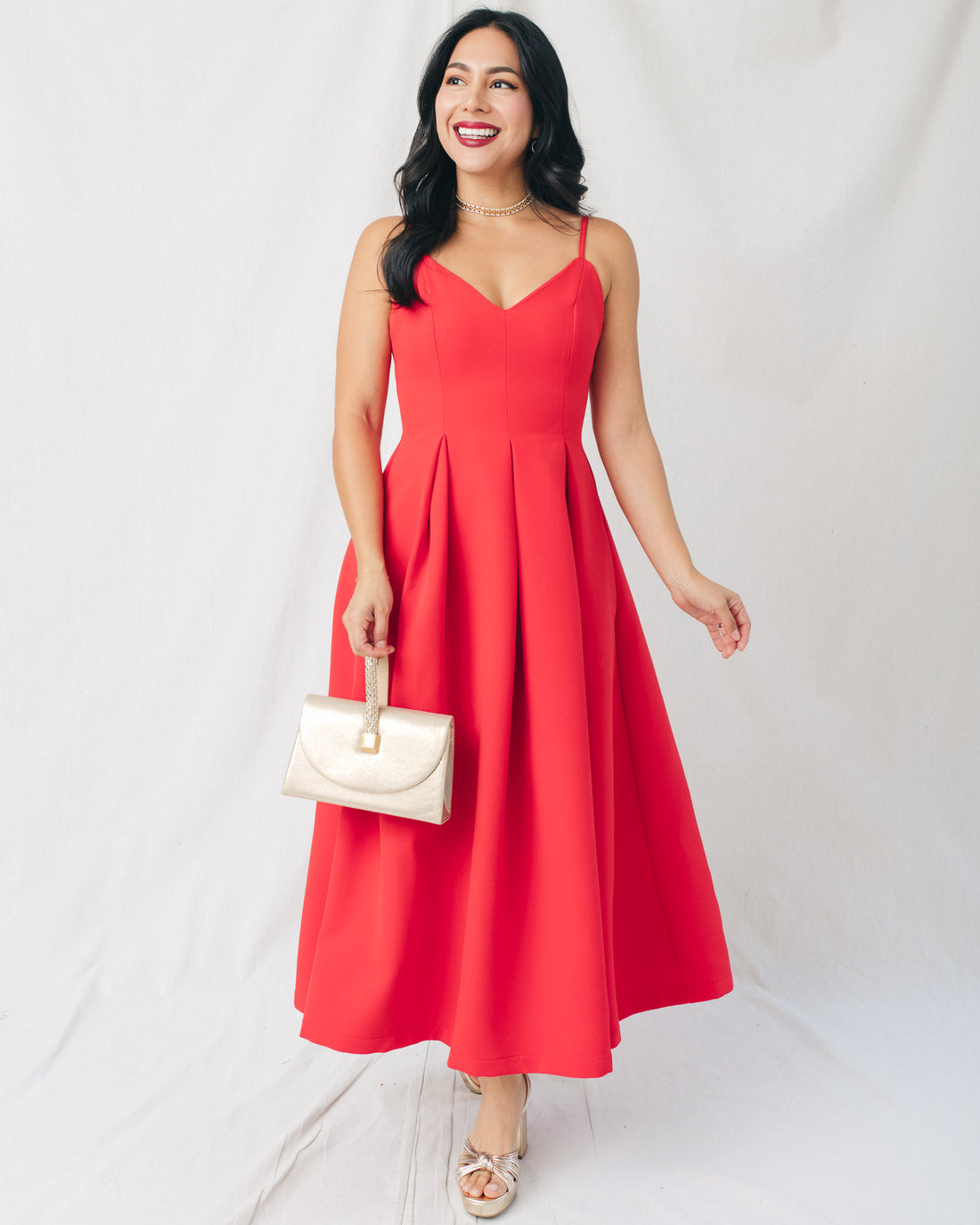 Joelle Solid V-Neck Pleated Flared Midi Dress