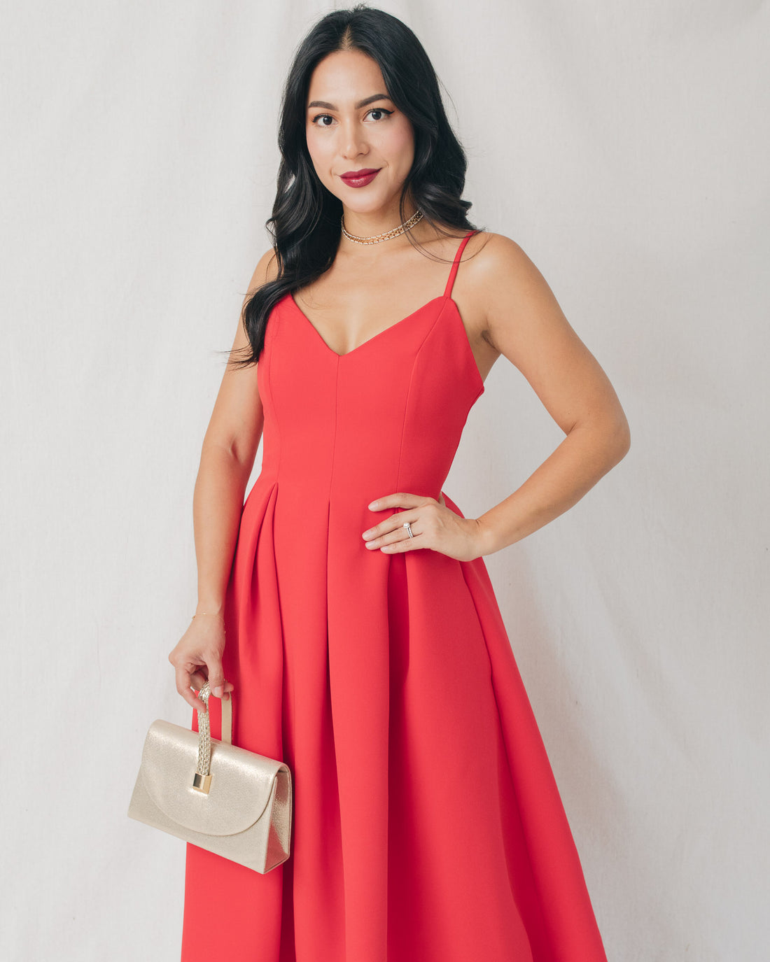 Joelle Solid V-Neck Pleated Flared Midi Dress