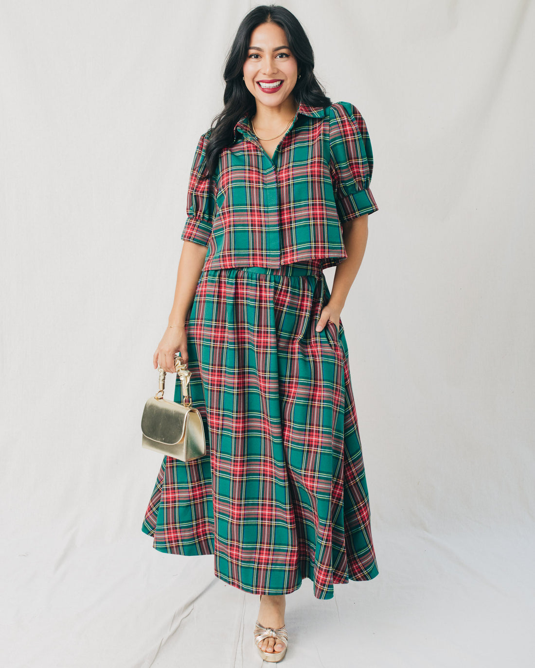 Holly Plaid 3/4 Sleeve Buttoned Crop Top