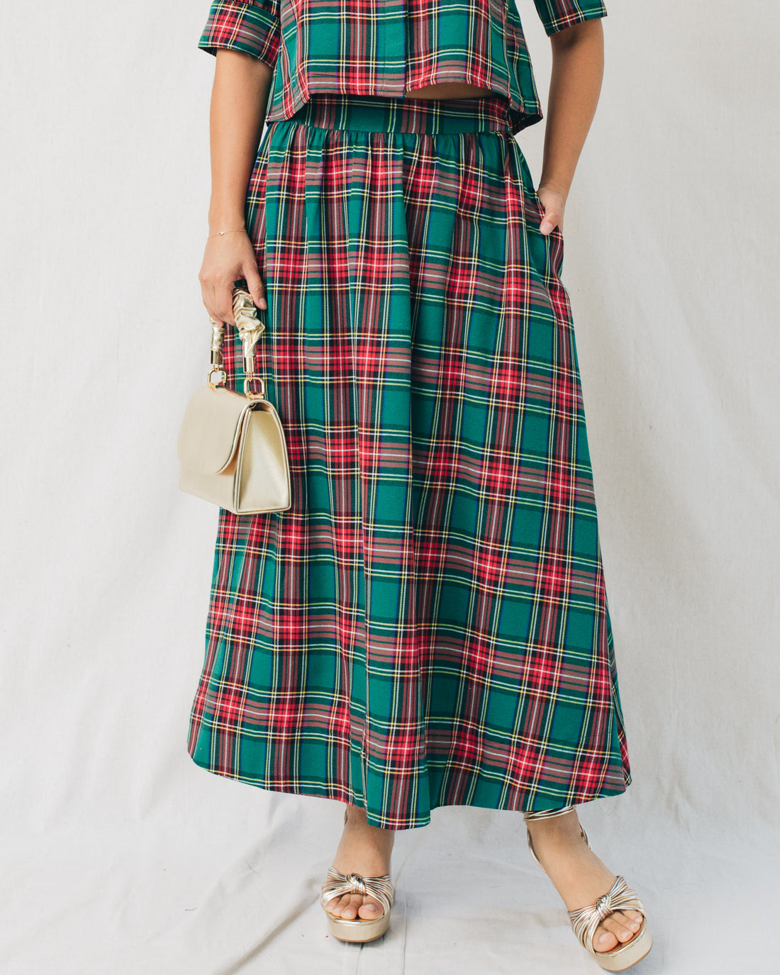 Holly Plaid Elastic Waistband Midi Skirt