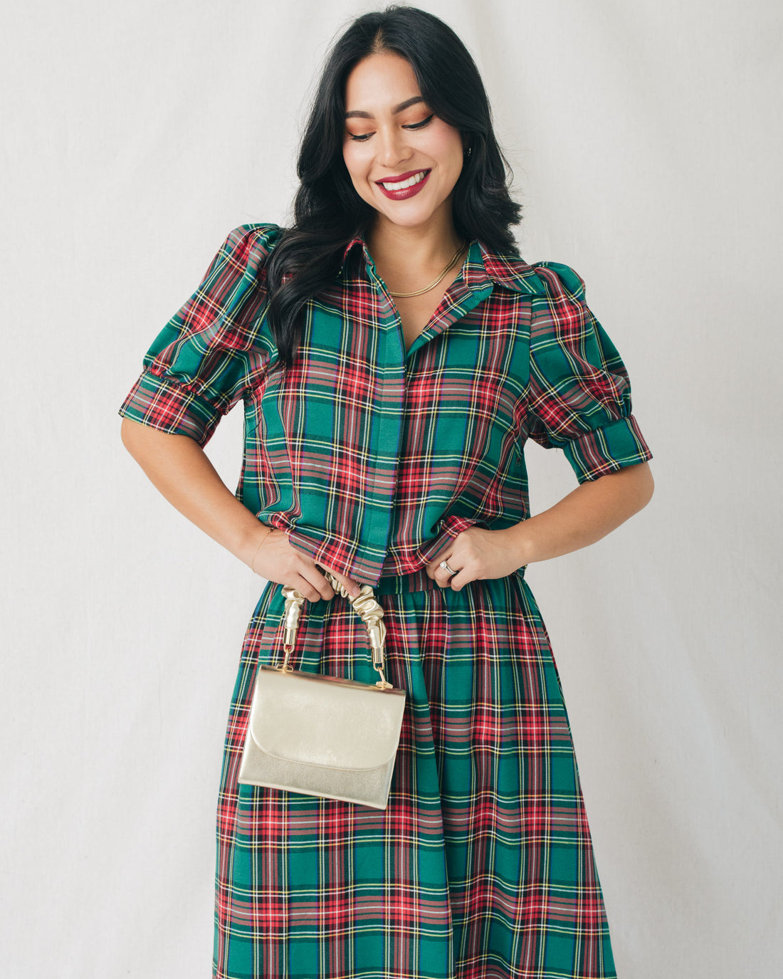 Holly Plaid 3/4 Sleeve Buttoned Crop Top