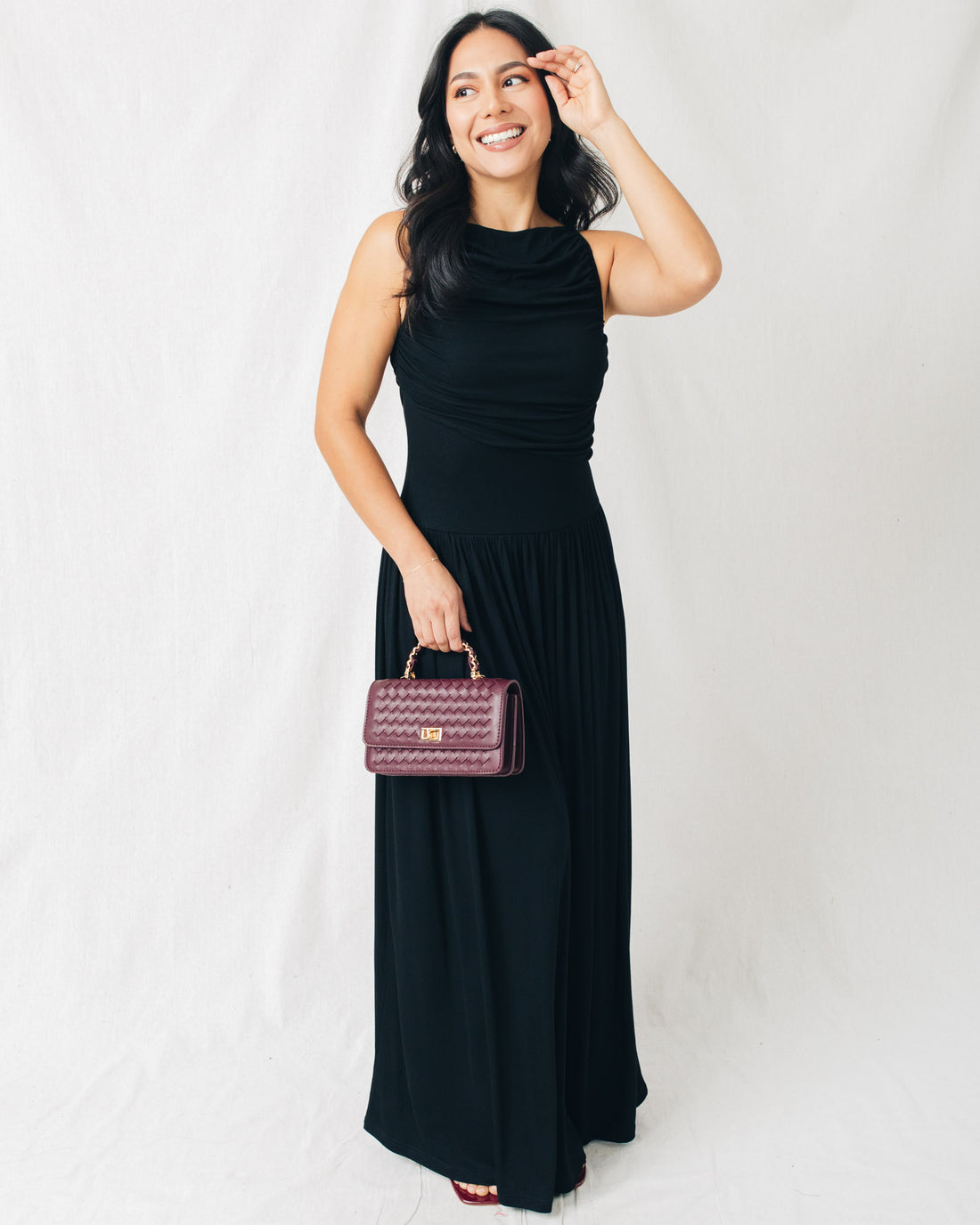 Leni Boat Neck Ruched Maxi Dress