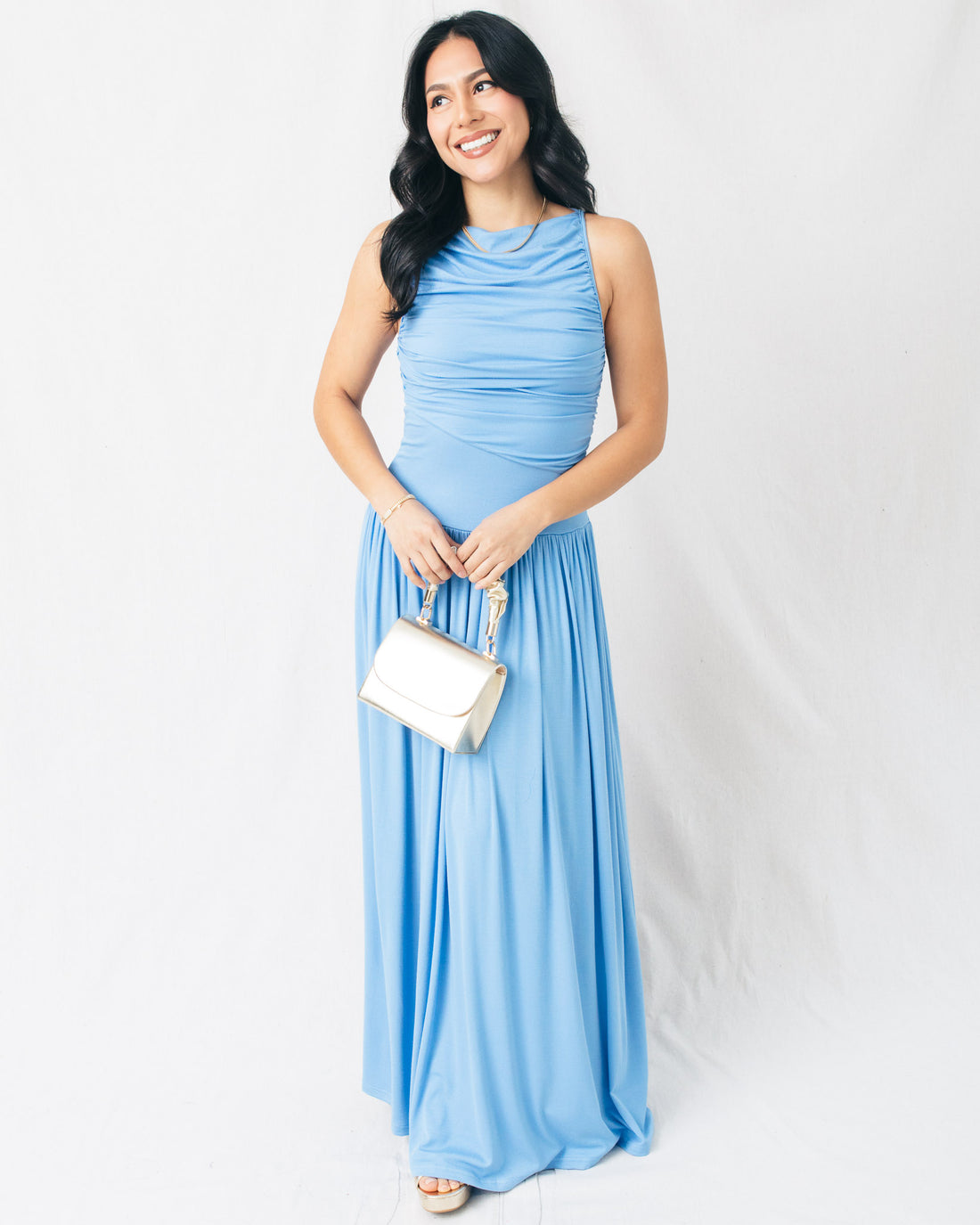 Leni Boat Neck Ruched Maxi Dress