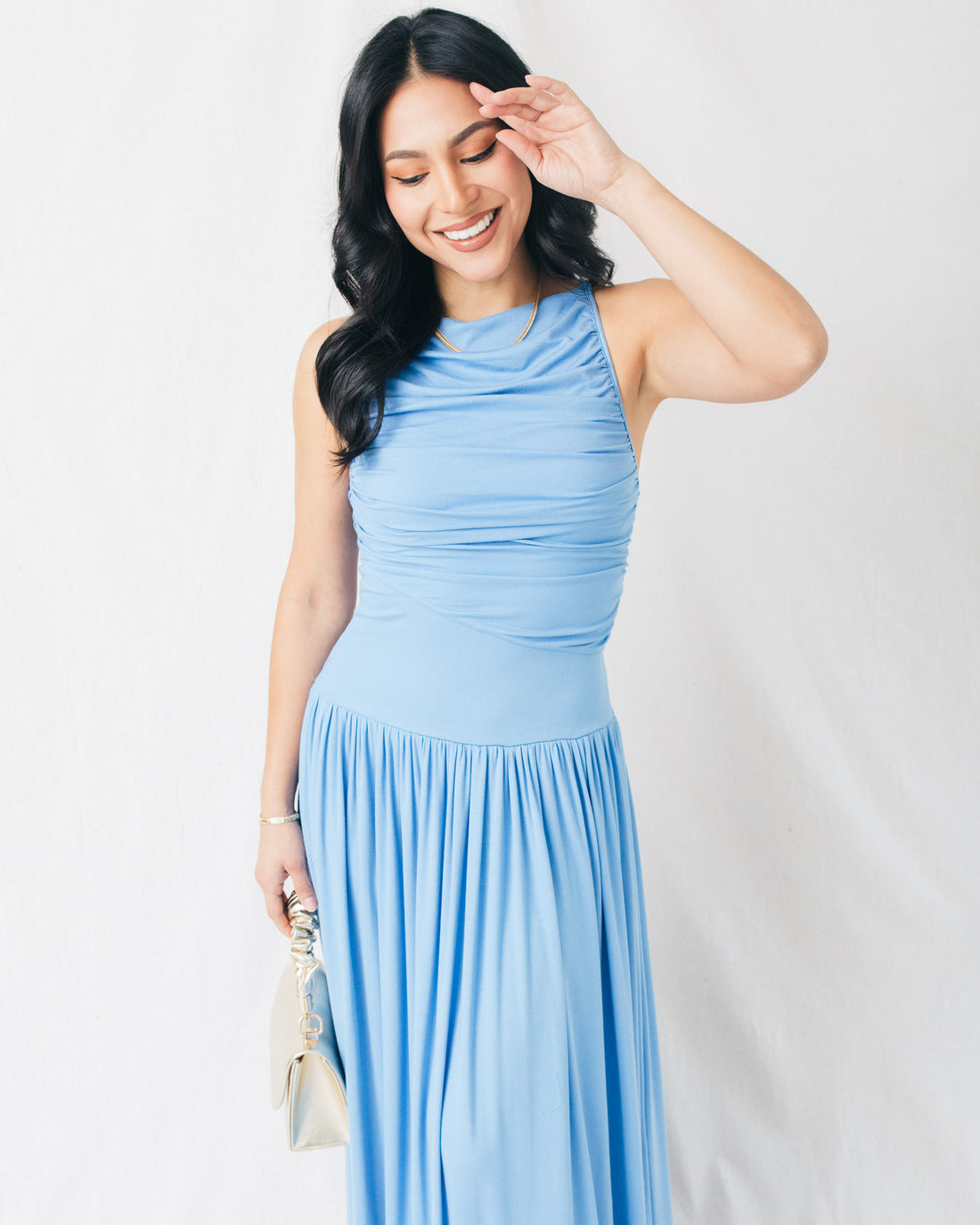Leni Boat Neck Ruched Maxi Dress