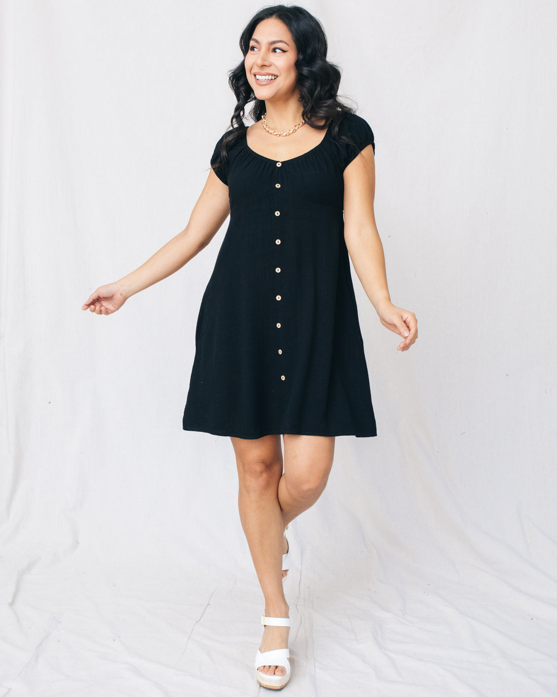 Finesse Wooden Buttons Flare Mini Dress