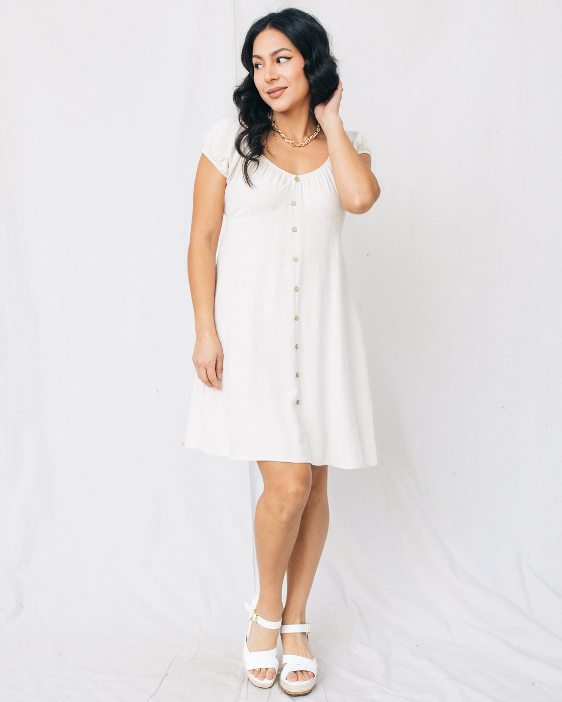 Finesse Wooden Buttons Flare Mini Dress
