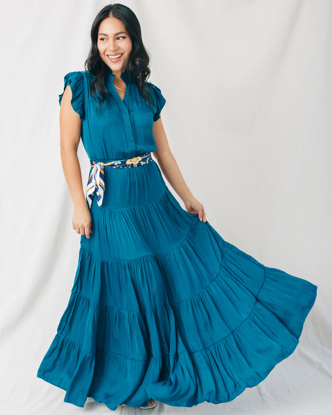 Genovia V-Neck Tiered Solid Maxi Dress