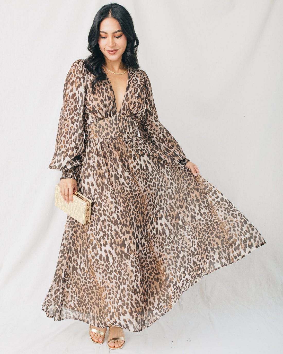 Teresa V-Neck Puff Long Sleeve Printed Midi Dress