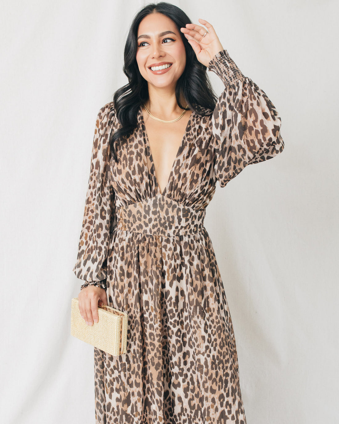 Teresa V-Neck Puff Long Sleeve Printed Midi Dress
