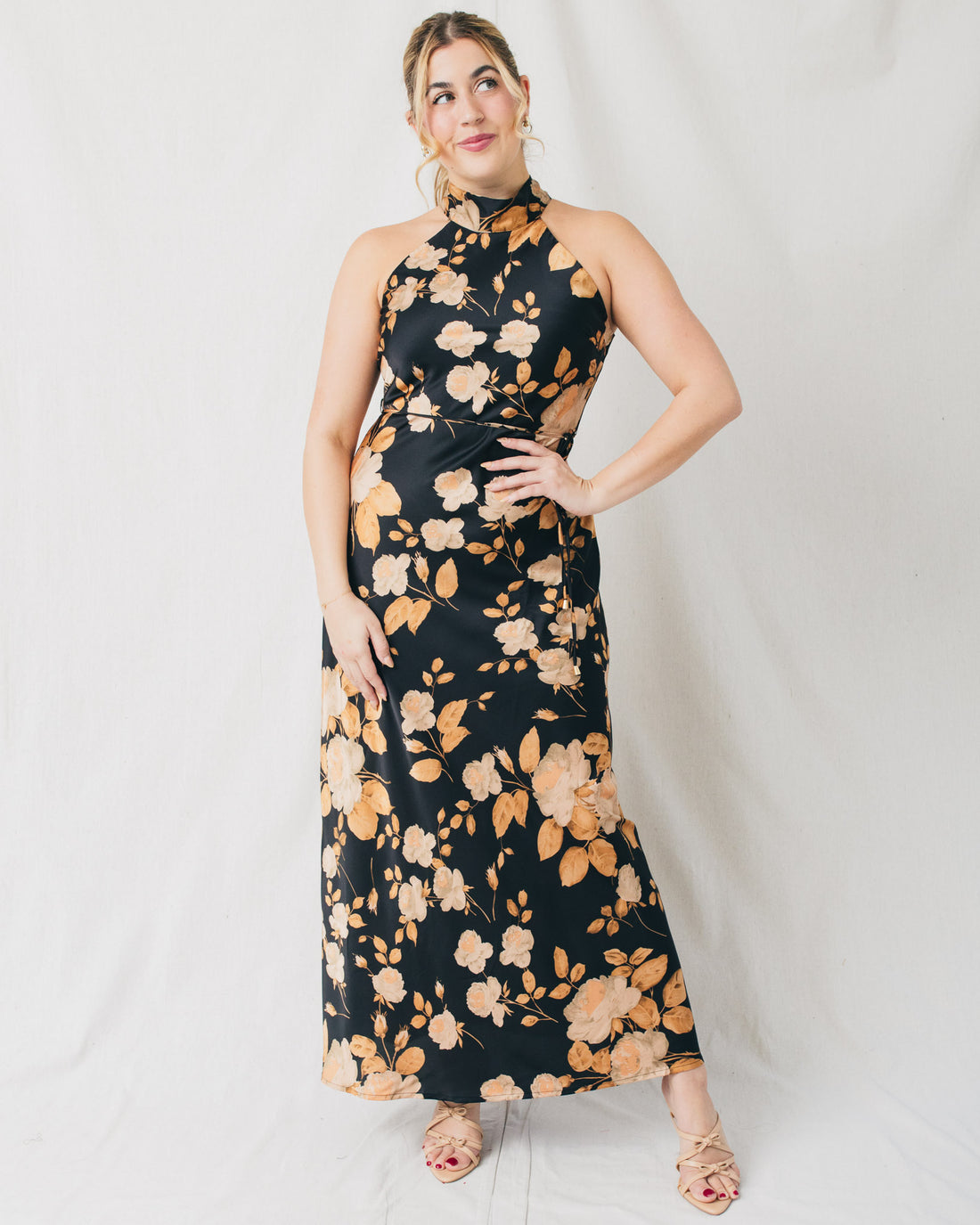 Helena Mock Neck Belted Printed Maxi Dress