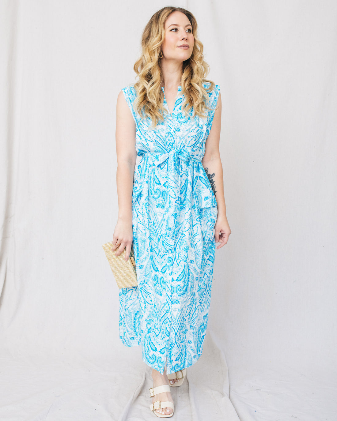 Sky So Nice Paisley Print Button Down Belted Midi Dress
