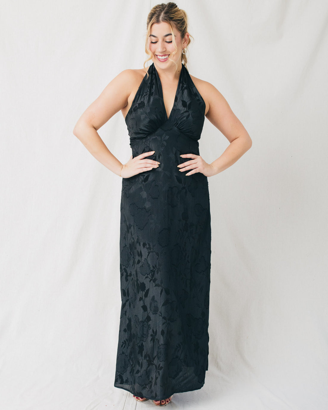 London Halter Cross Front Neck Brocade Maxi Dress