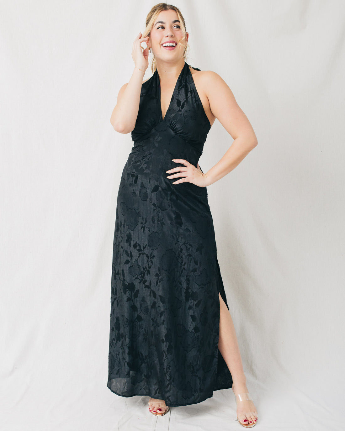 London Halter Cross Front Neck Brocade Maxi Dress