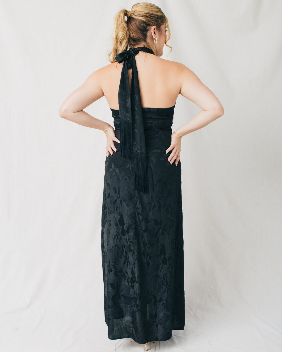London Halter Cross Front Neck Brocade Maxi Dress