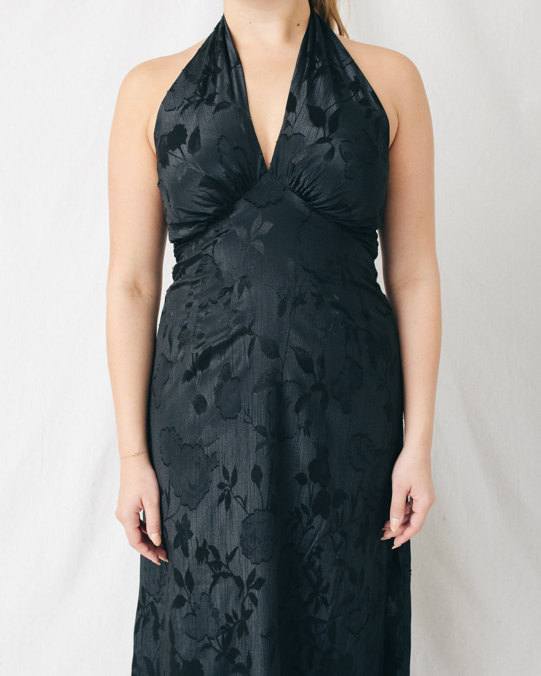 London Halter Cross Front Neck Brocade Maxi Dress
