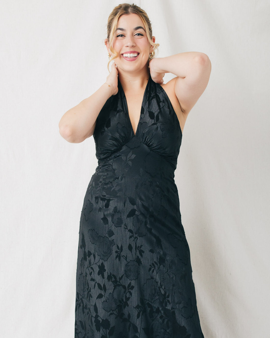 London Halter Cross Front Neck Brocade Maxi Dress