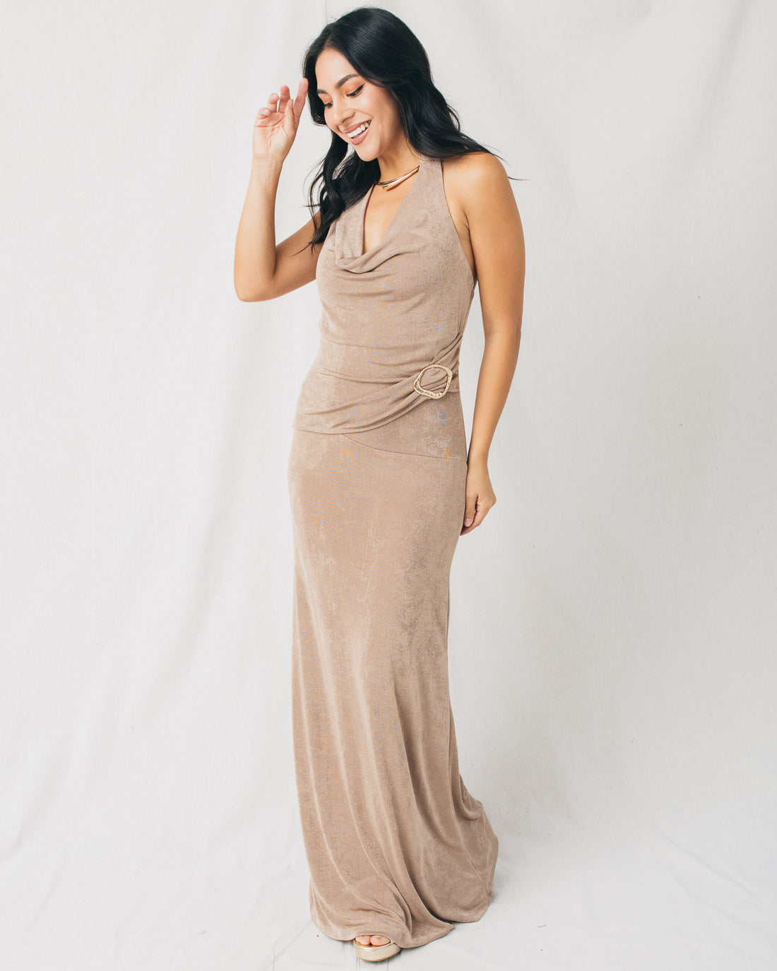 Natti Cowl Neck Gold Buckle Detail Shimmery Knit Maxi Dress