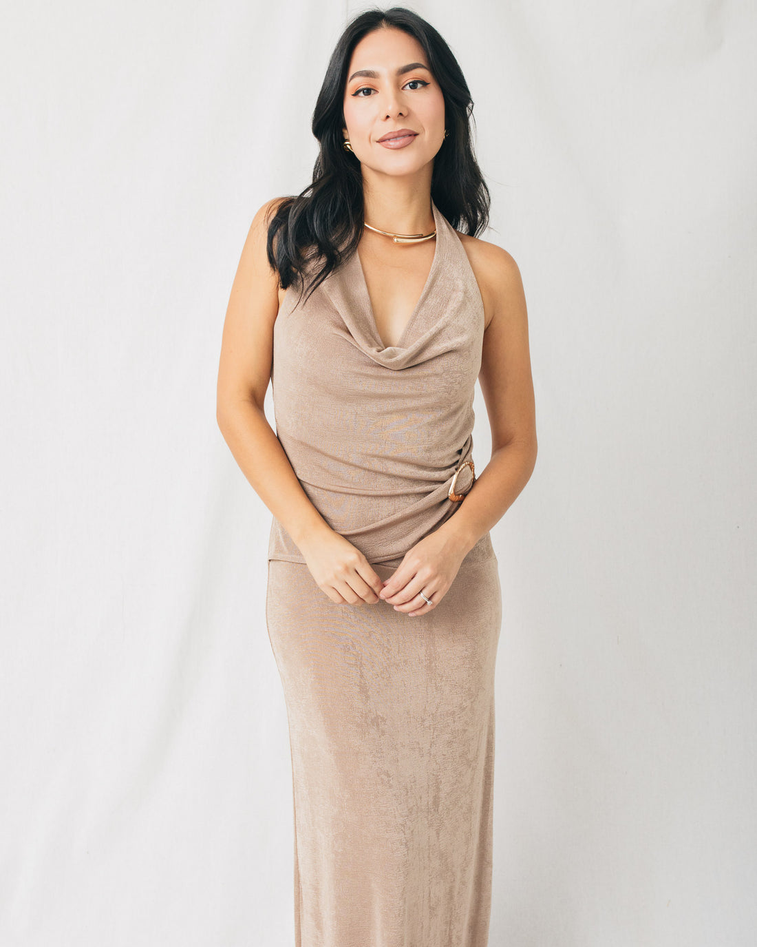 Natti Cowl Neck Gold Buckle Detail Shimmery Knit Maxi Dress