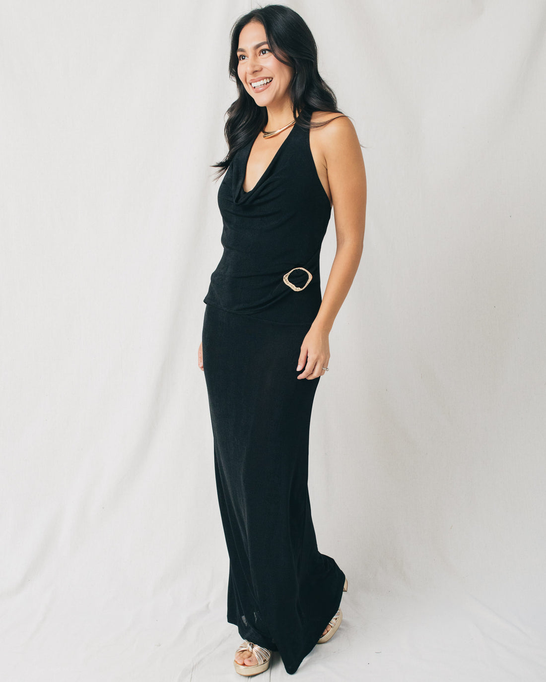 Natti Cowl Neck Gold Buckle Detail Shimmery Knit Maxi Dress