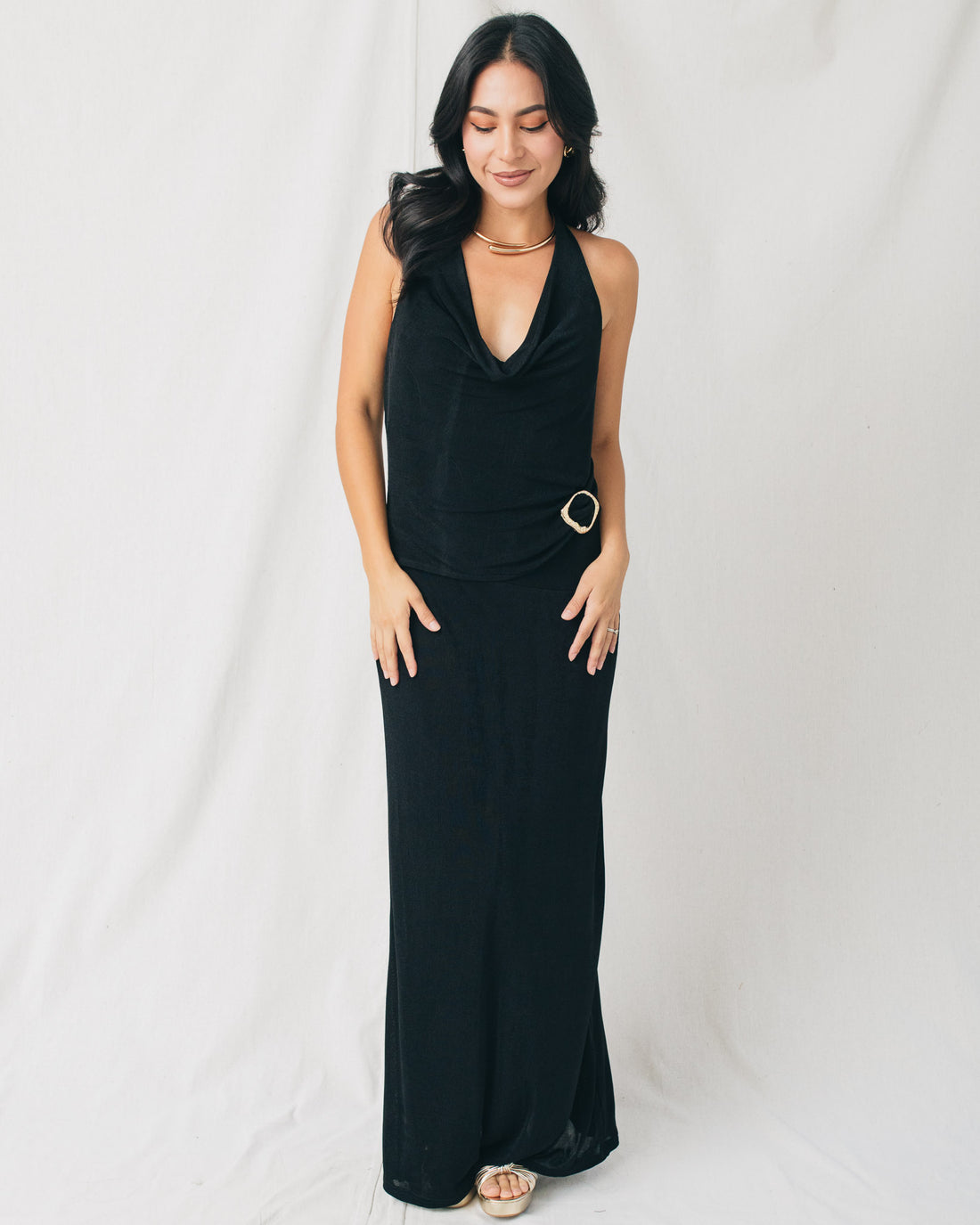 Natti Cowl Neck Gold Buckle Detail Shimmery Knit Maxi Dress