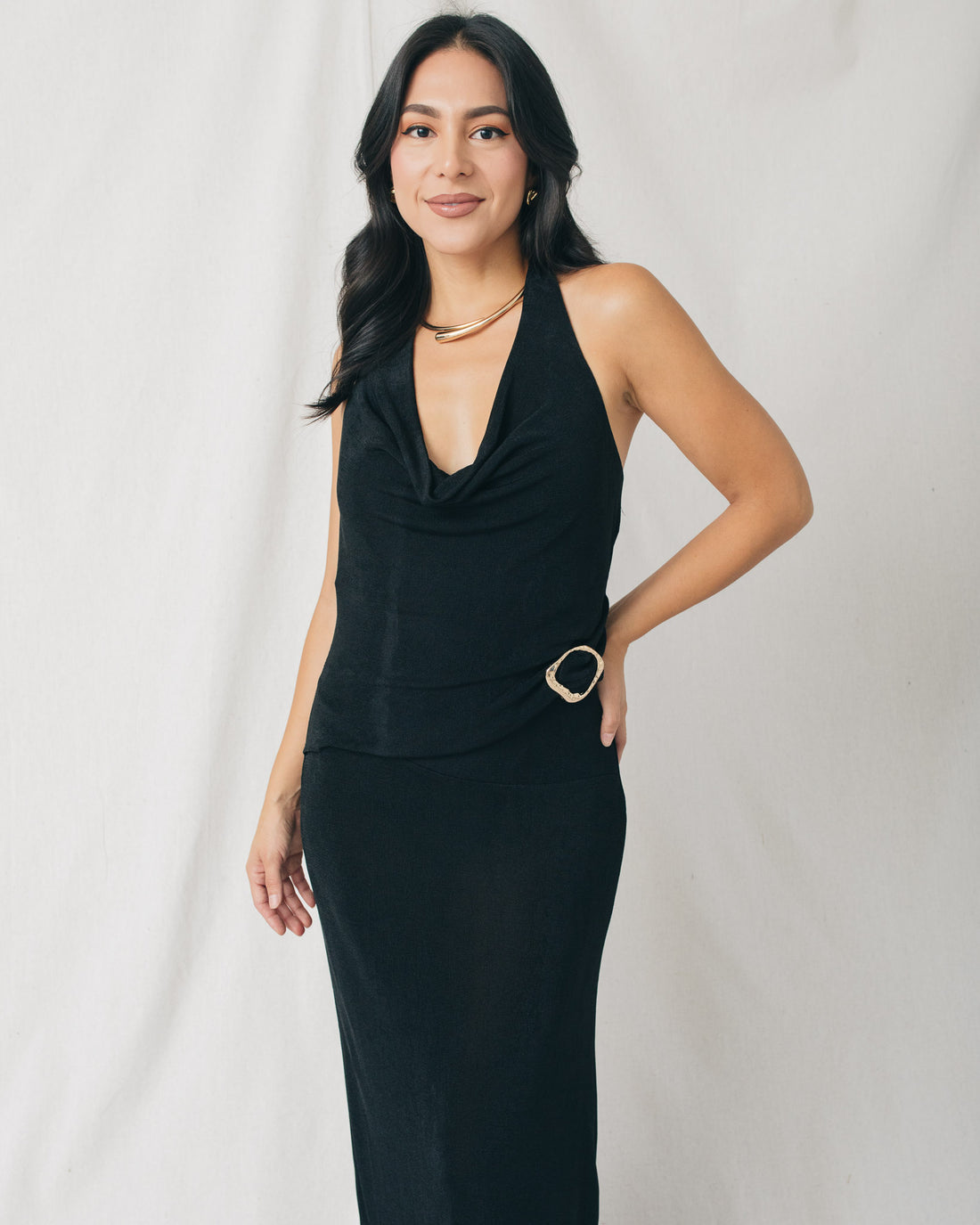 Natti Cowl Neck Gold Buckle Detail Shimmery Knit Maxi Dress