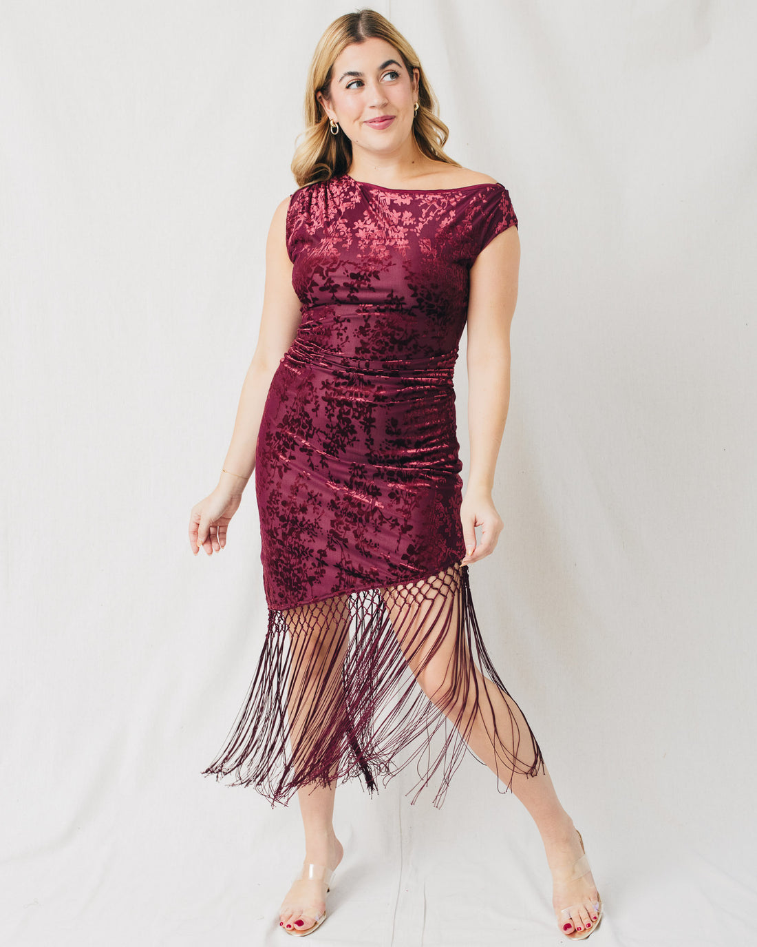 Vida Fringe Hem Asymmetrical Burnout Velvet Midi Dress