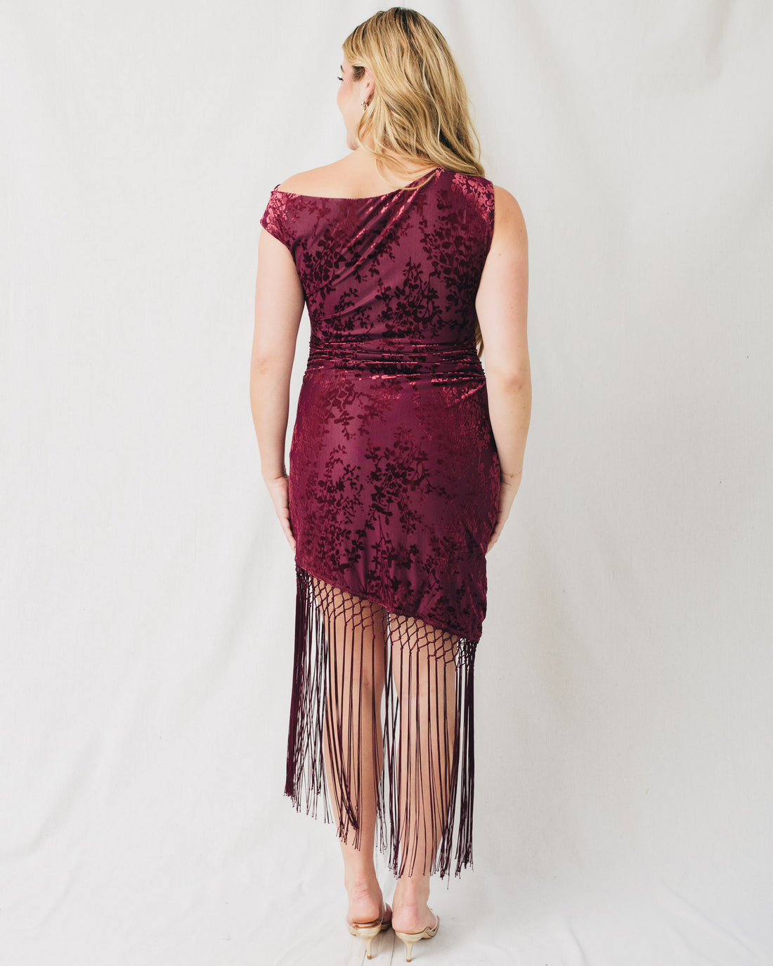 Vida Fringe Hem Asymmetrical Burnout Velvet Midi Dress