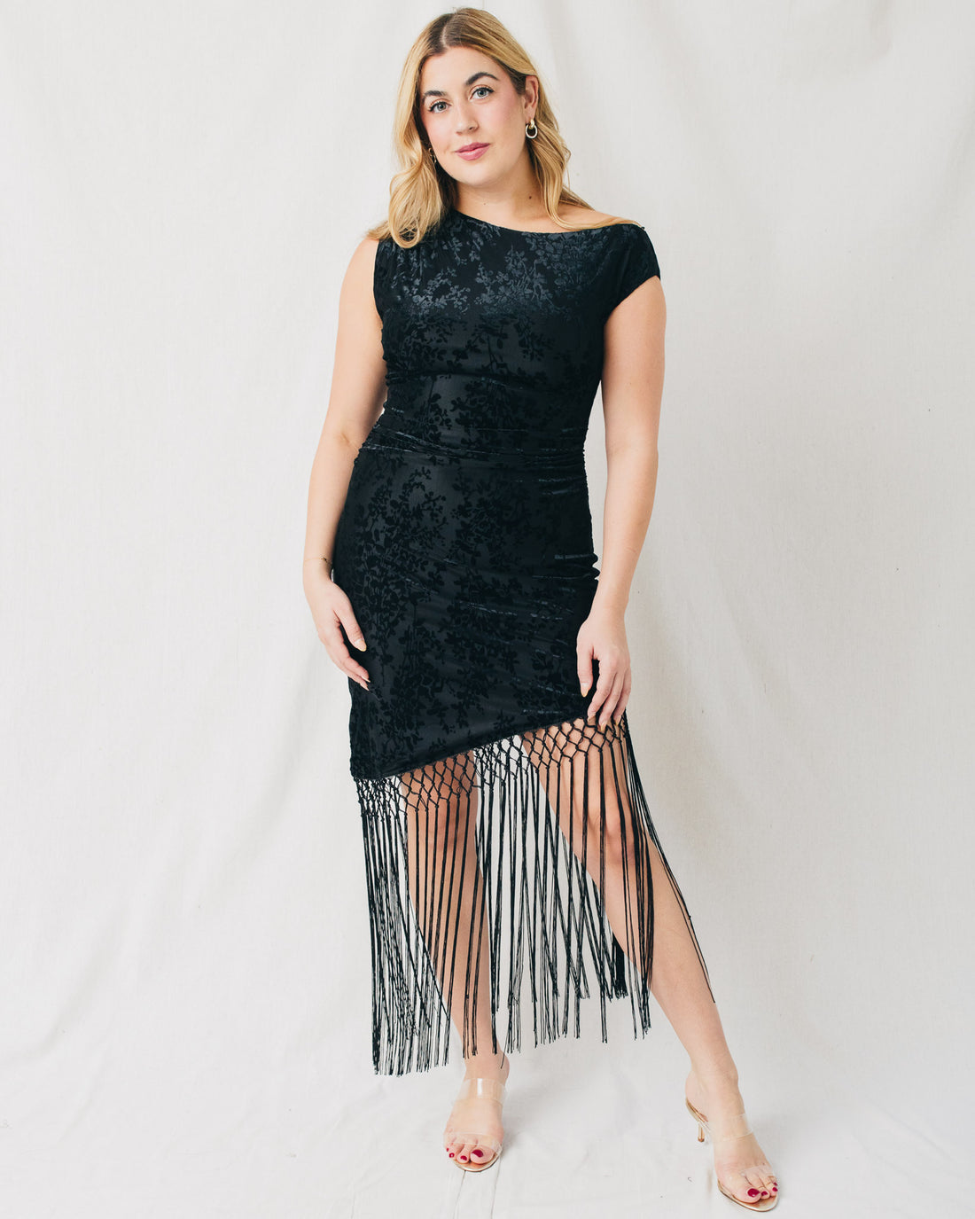 Vida Fringe Hem Asymmetrical Burnout Velvet Midi Dress