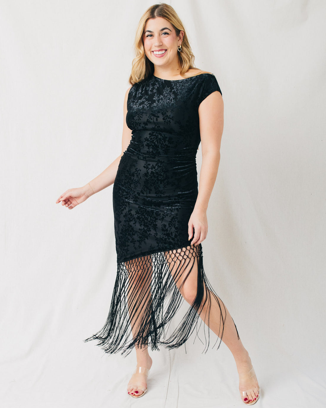 Vida Fringe Hem Asymmetrical Burnout Velvet Midi Dress