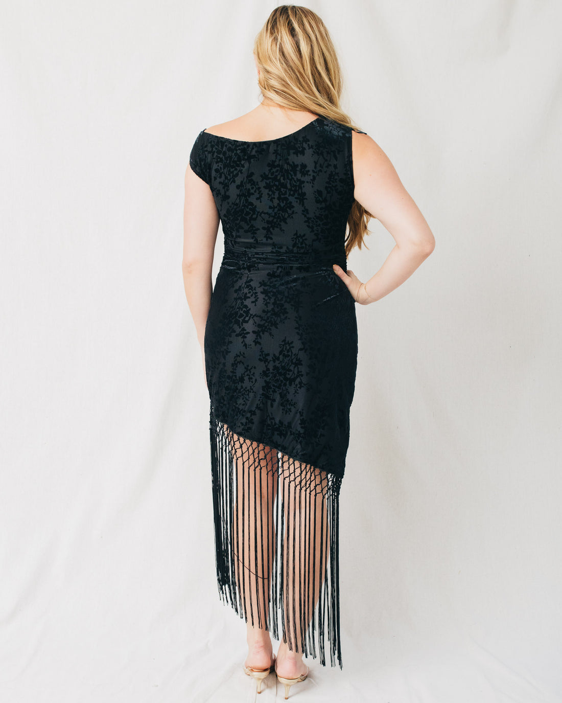 Vida Fringe Hem Asymmetrical Burnout Velvet Midi Dress