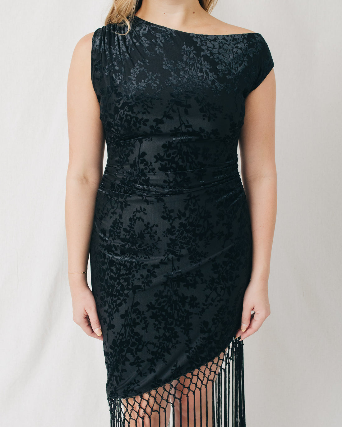 Vida Fringe Hem Asymmetrical Burnout Velvet Midi Dress