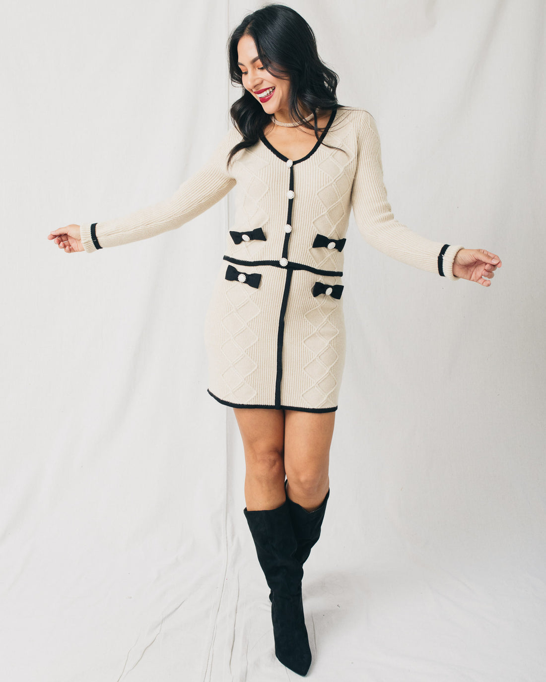 All Glam Jewel Bow Detail Contrast Knit Sweater
