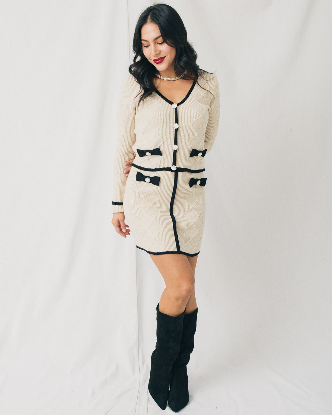 All Glam Jewel Bow Detail Contrast Knit Sweater