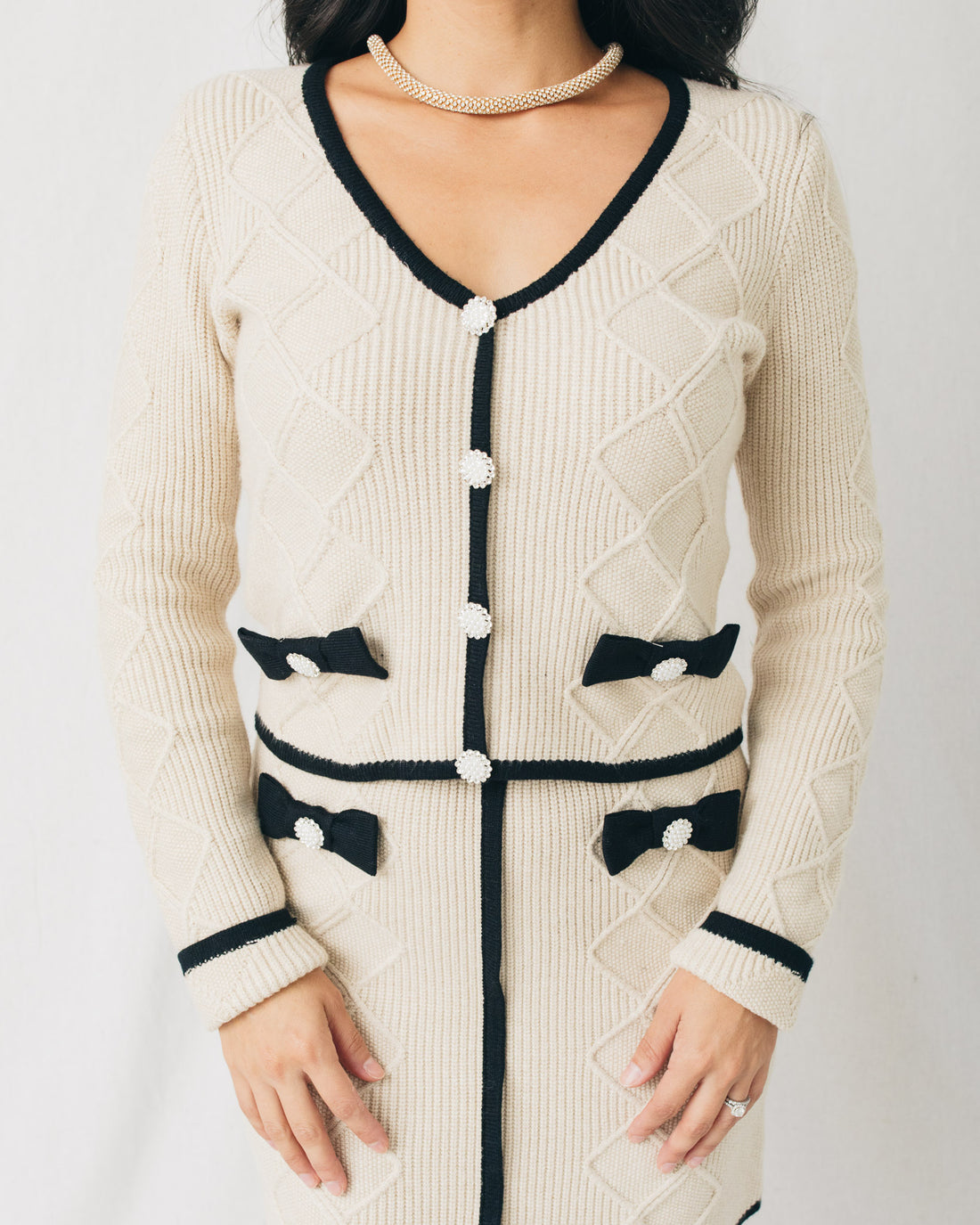 All Glam Jewel Bow Detail Contrast Knit Sweater