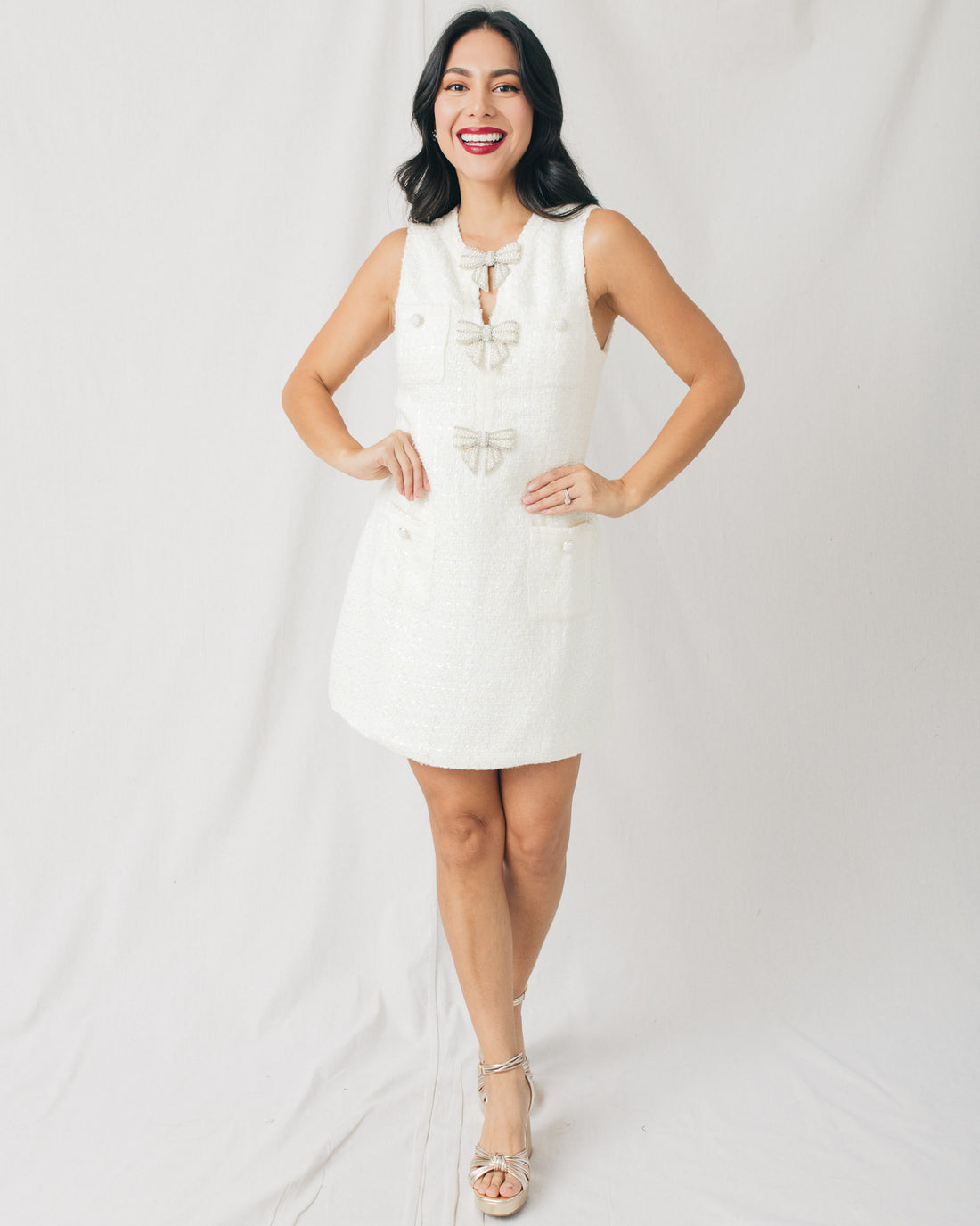 Audrey Jewel Bow Detail Tweed Mini Dress