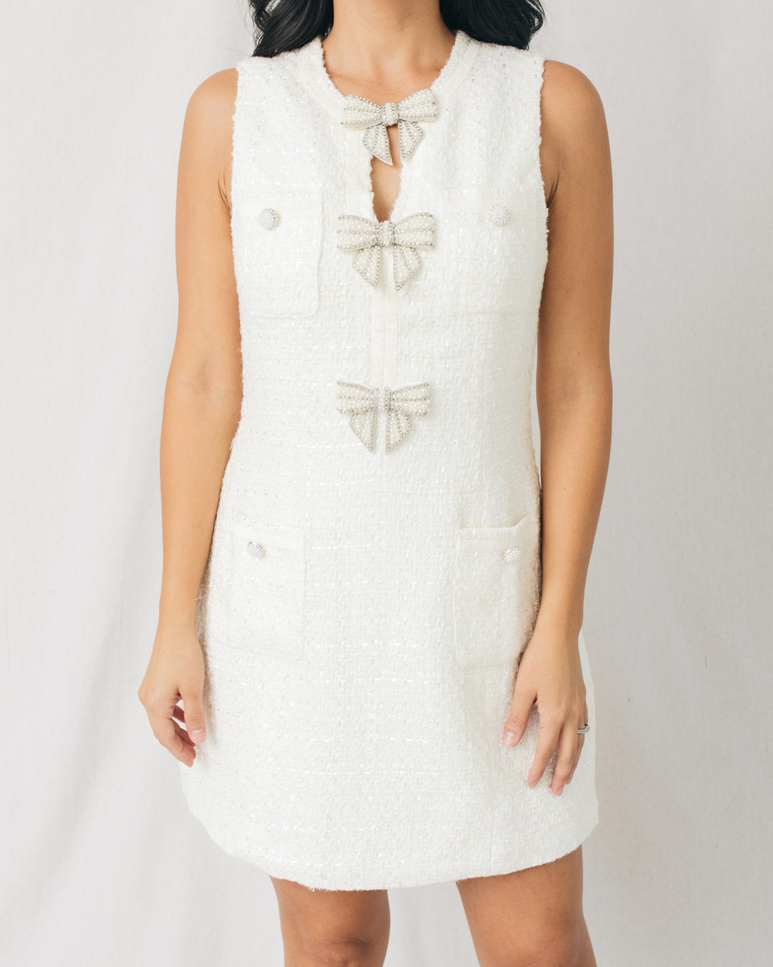 Audrey Jewel Bow Detail Tweed Mini Dress